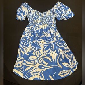 Roxy Blue White Tropical Flutter Sleeve Blouse Boho Beach Top Size M Hawaiin